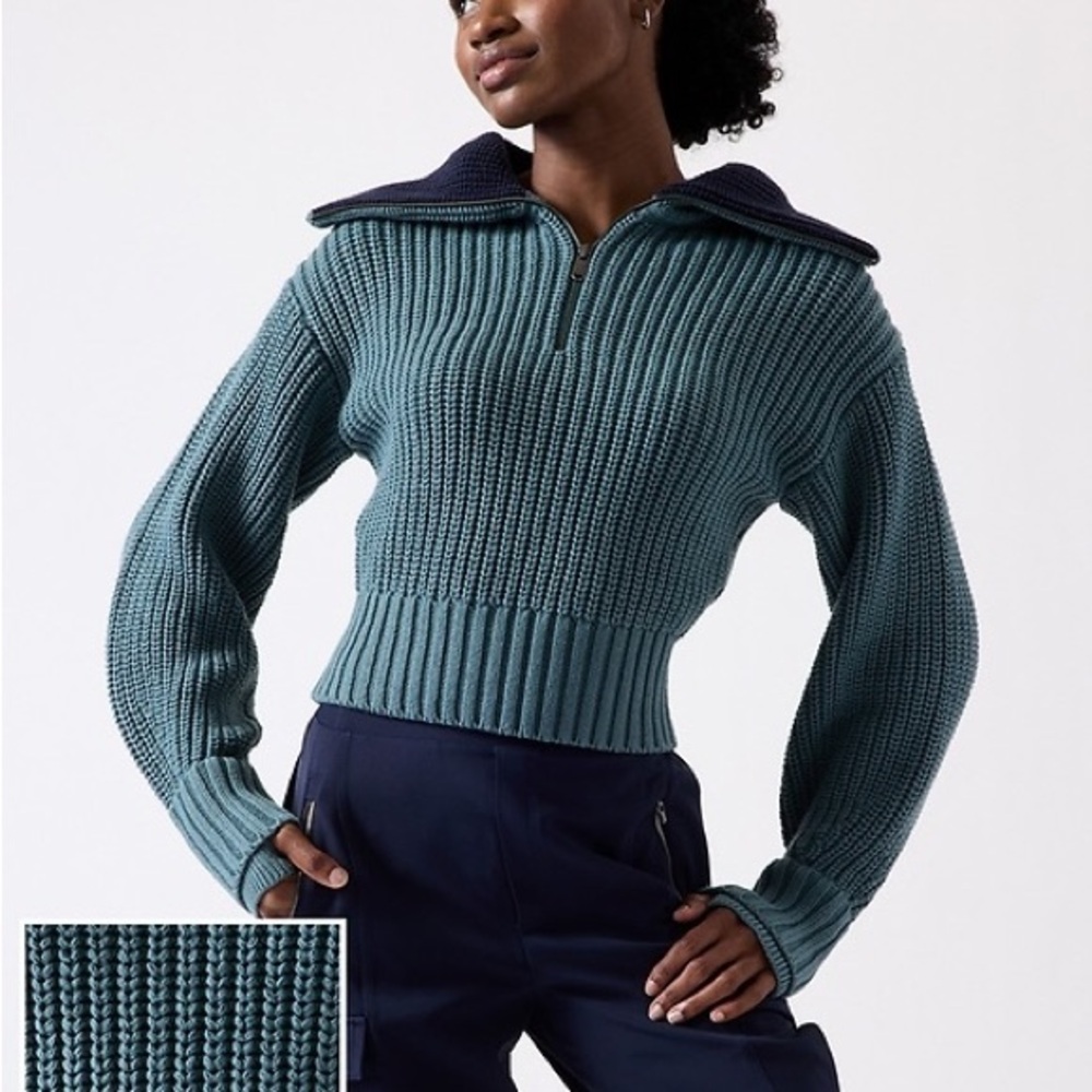 Athleta Alder Teal & navy Ribbed Cowl Neck Sweater, Medium